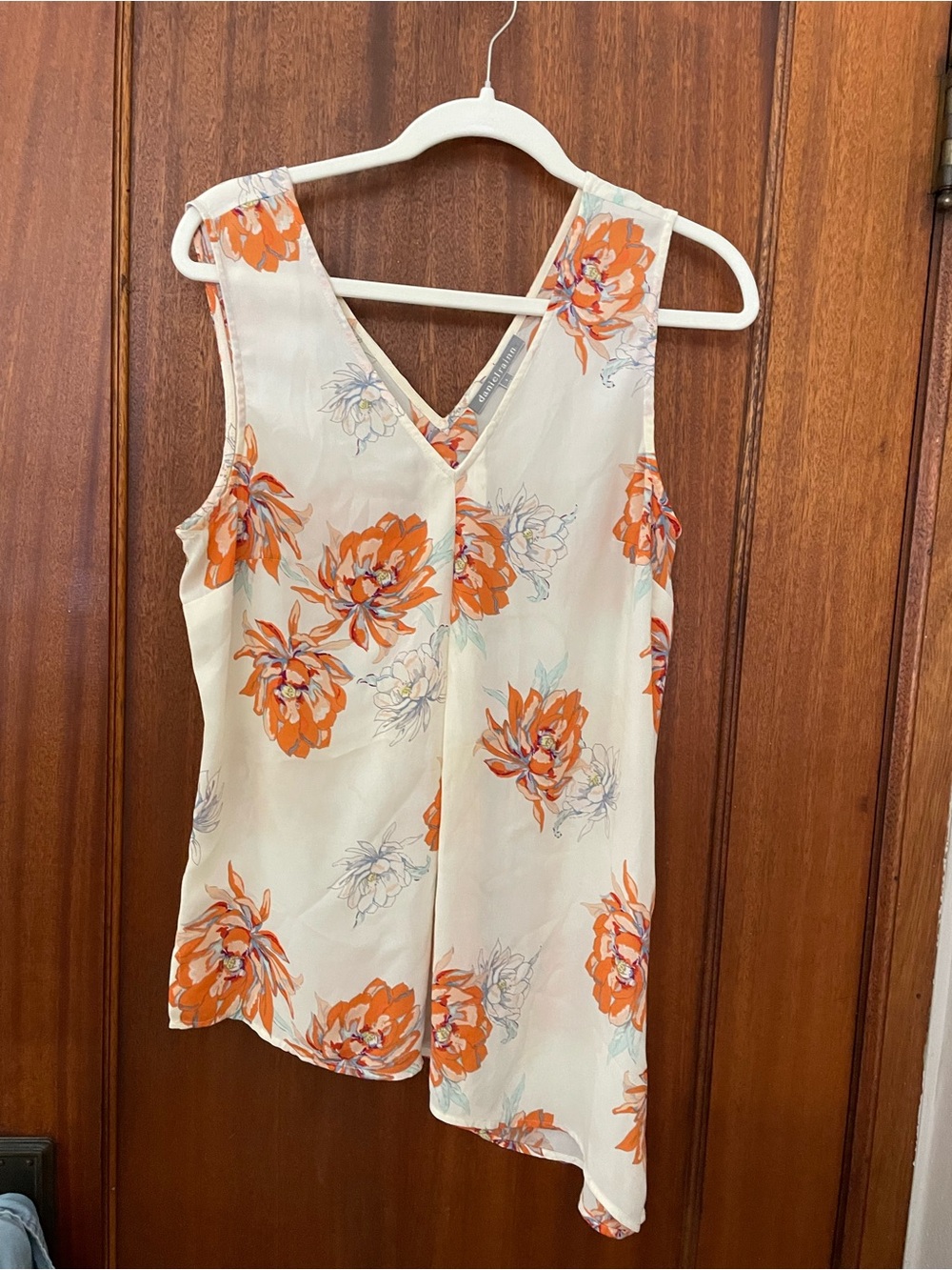 Daniel Rainn Cream Sleeveless V-Neck Top with Orange Floral Print